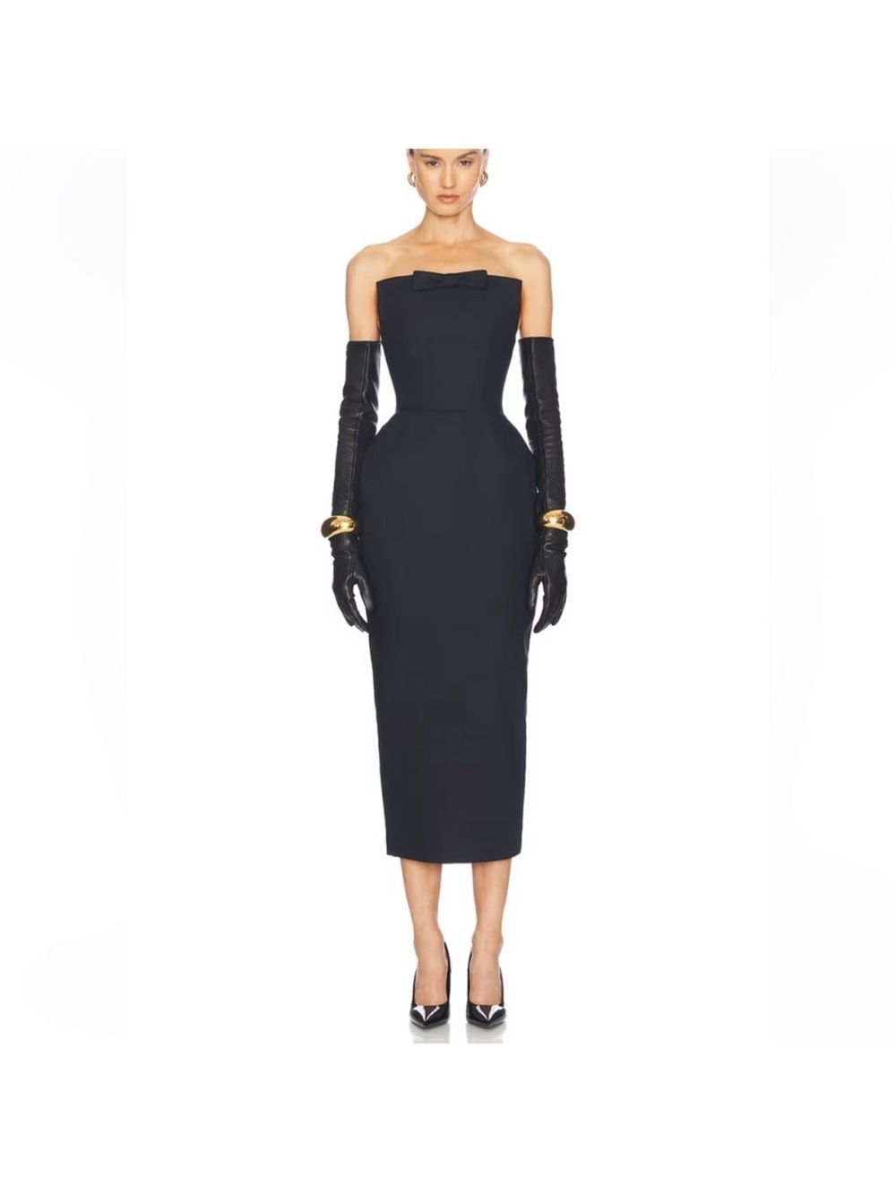 Strapless Black Midi Dress with Bow Detail